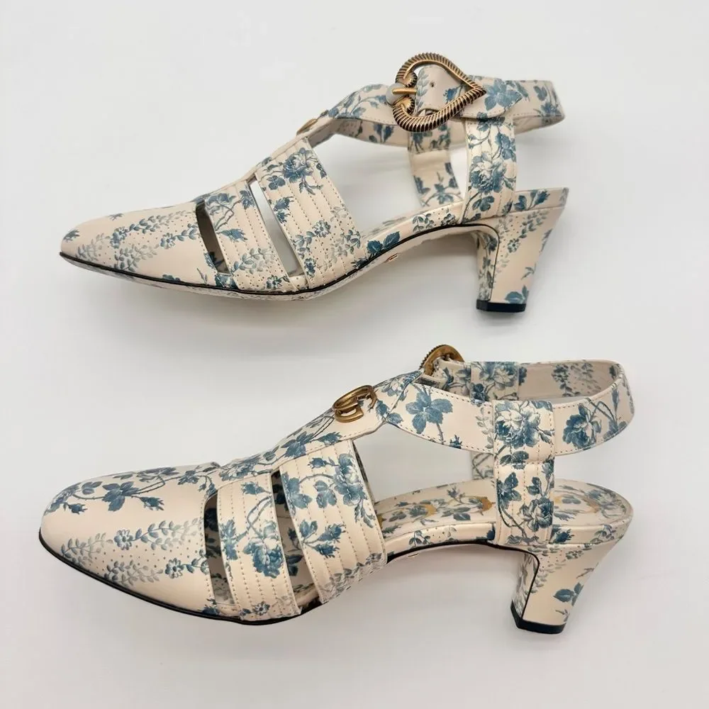 Gucci Gea GG Mid Heel Buds/Floral Blue Leather T-Strap  Sandal Pump EU37.5 US7.5 - Picture 10 of 13